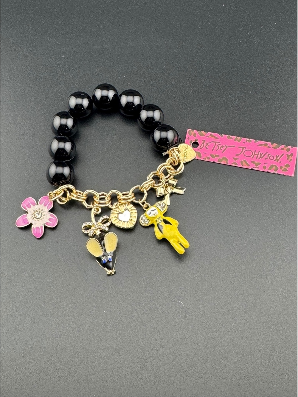 Betsey Johnson Black Beaded Charm Bracelet with Yellow Mouse - Picture 1 of 3